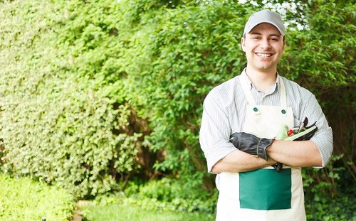 A professional gardener stands outdoors in a lush, well-maintained garden; he is smiling and dressed in a light grey cap, a striped shirt, and an apron with a green pocket. His arms are crossed, holding garden pruning shears and a gardening trowel. Behind him, dense green foliage forms a natural backdrop, featuring a mix of leafy bushes and small trees. The garden area includes a neatly trimmed lawn in the foreground, with a border of flower beds and a paved patio area partially visible on the right side. Bright, natural daylight illuminates the scene, highlighting the vibrant green tones of the plants and the textures of the grass, soil, and paving stones. The image illustrates outdoor gardening and lawn care services, suggesting thorough maintenance and professional expertise available in Gunnersbury or nearby towns, as part of the offerings by Lawn Mowing Gunnersbury.